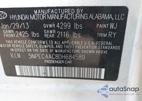 2013 Hyundai Sonata Se z USA, uszkodzony, nr VIN 5NPEC4AC8DH684589